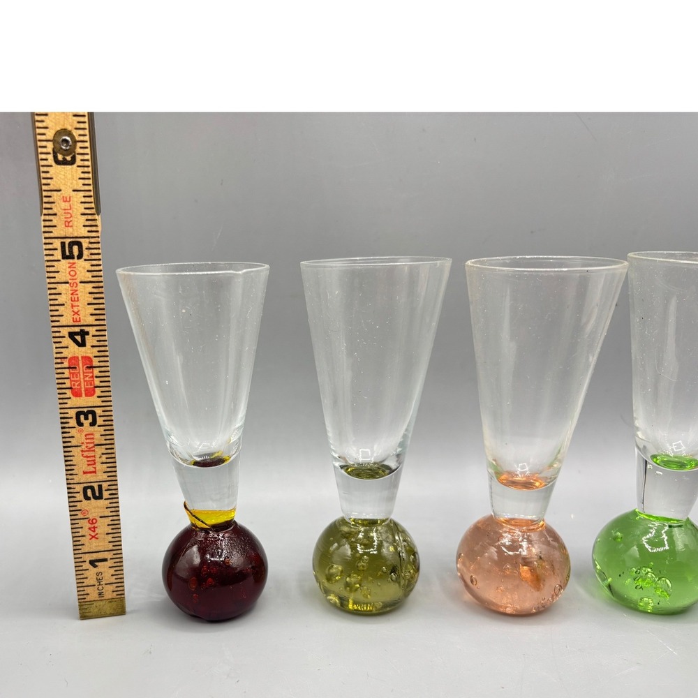 Vintage Bubble Base Cordial Shot Glasses Set of‎ 4 Multi Color Hand Blown - Picture 2 of 12